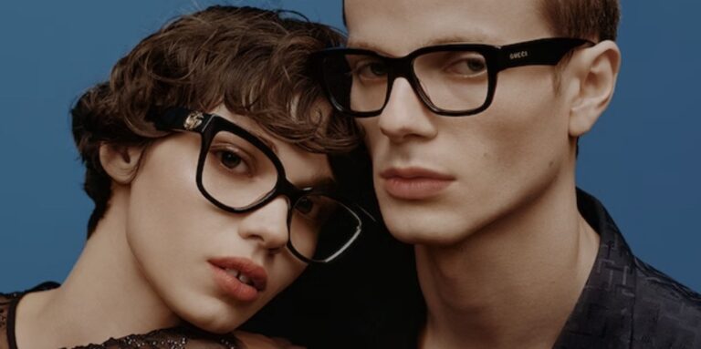 Man and woman wearing Gucci eyewear.